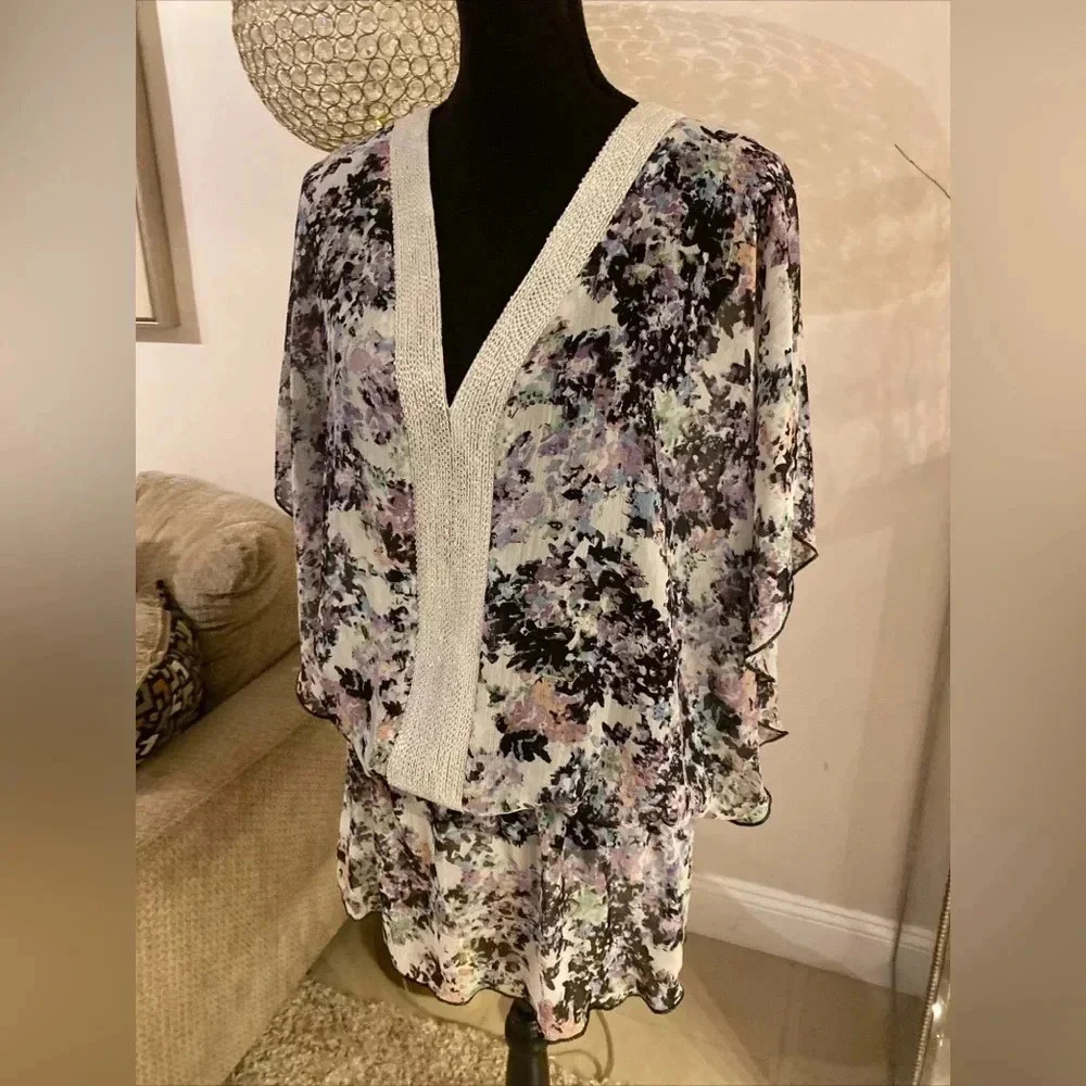 Badgley Mischka White And Purple V-Neck Wrap Tunic Dress Size Large